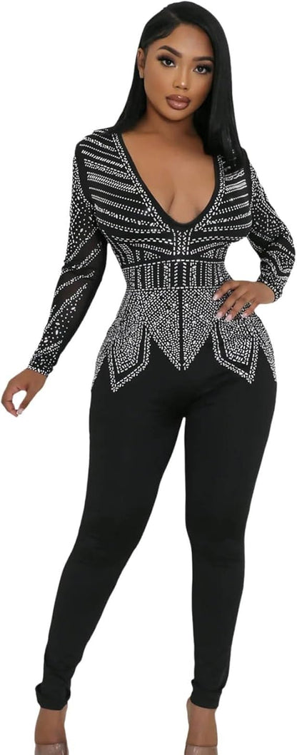 Sexy Deep V Neck Diamond Ironed Long Sleeve Jumpsuit – Back Zip, Elegant Partywear for Women