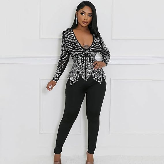 Sexy Deep V Neck Diamond Ironed Long Sleeve Jumpsuit – Back Zip, Elegant Partywear for Women