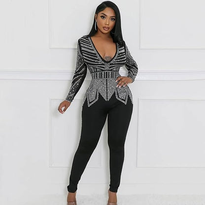 Sexy Deep V Neck Diamond Ironed Long Sleeve Jumpsuit – Back Zip, Elegant Partywear for Women