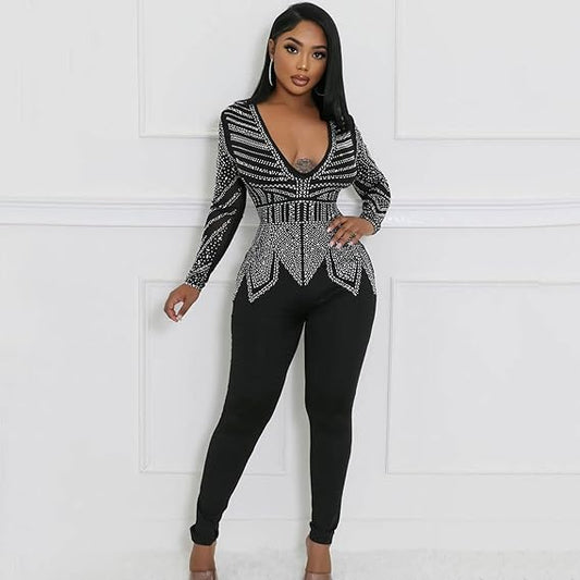 Sexy Deep V Neck Diamond Ironed Long Sleeve Jumpsuit – Back Zip, Elegant Partywear for Women