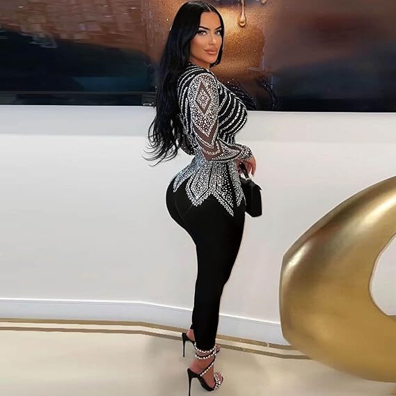 Sexy Deep V Neck Diamond Ironed Long Sleeve Jumpsuit – Back Zip, Elegant Partywear for Women