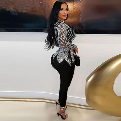 Sexy Deep V Neck Diamond Ironed Long Sleeve Jumpsuit – Back Zip, Elegant Partywear for Women