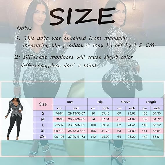 Sexy Deep V Neck Diamond Ironed Long Sleeve Jumpsuit – Back Zip, Elegant Partywear for Women