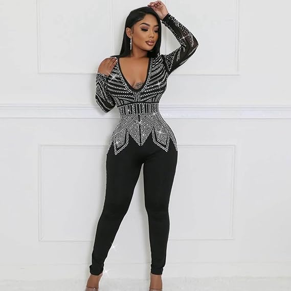 Sexy Deep V Neck Diamond Ironed Long Sleeve Jumpsuit – Back Zip, Elegant Partywear for Women