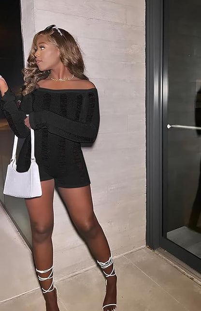 Off-Shoulder Knit Slim-Fit Jumpsuit – Flirty, Chic & Curve-Hugging