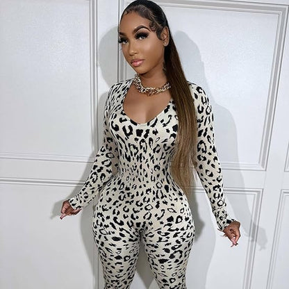Women’s Leopard Print Backless Jumpsuit – Long Sleeve Skinny Fit | Streetwear Style