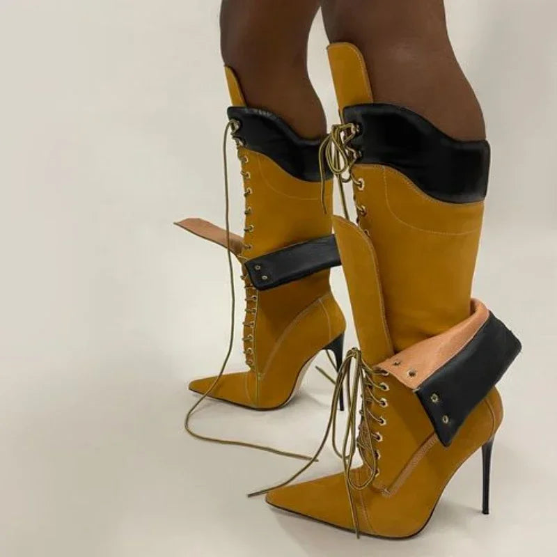 Women's Double-Layer Lace-Up Stiletto Boots – High Heel Pointed Toe
