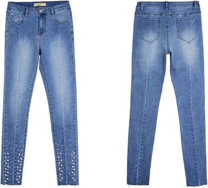 Beaded Stretch Skinny Jeans – Mid Waist Slim Fit Denim Pants