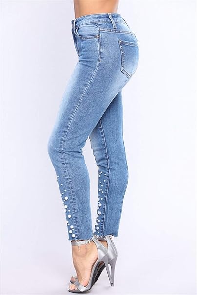 Beaded Stretch Skinny Jeans – Mid Waist Slim Fit Denim Pants
