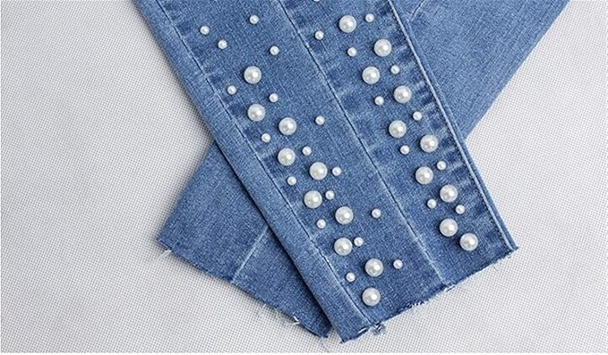 Beaded Stretch Skinny Jeans – Mid Waist Slim Fit Denim Pants