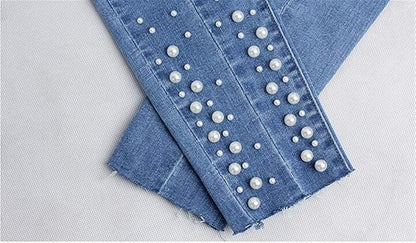 Beaded Stretch Skinny Jeans – Mid Waist Slim Fit Denim Pants