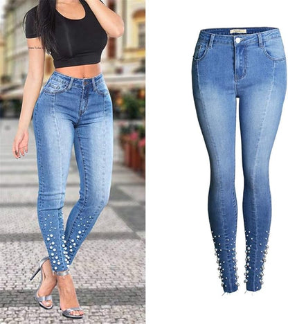 Beaded Stretch Skinny Jeans – Mid Waist Slim Fit Denim Pants