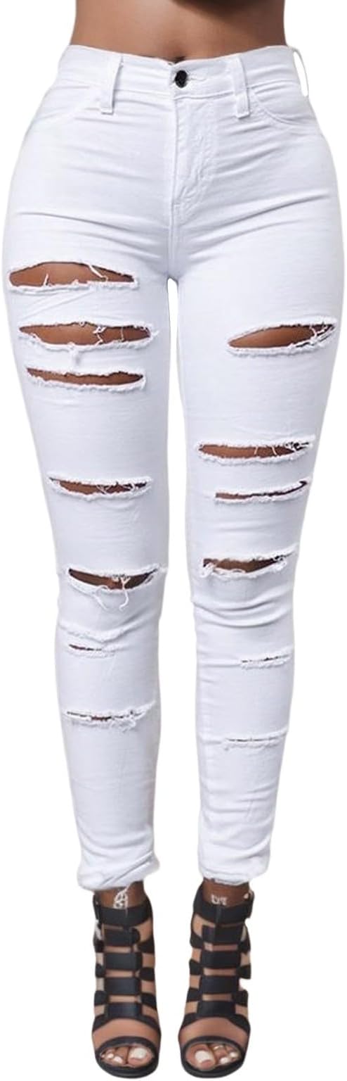 High Waist Ripped Skinny Jeans for Women – Distressed Stretch Denim Pants