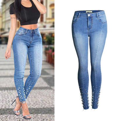Beaded Stretch Skinny Jeans – Mid Waist Slim Fit Denim Pants
