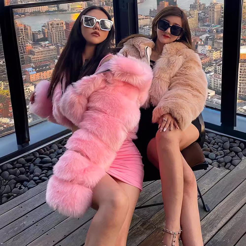 Luxury Short Hooded Faux Fur Coat – Women’s Plush Long Sleeve Winter Jacket