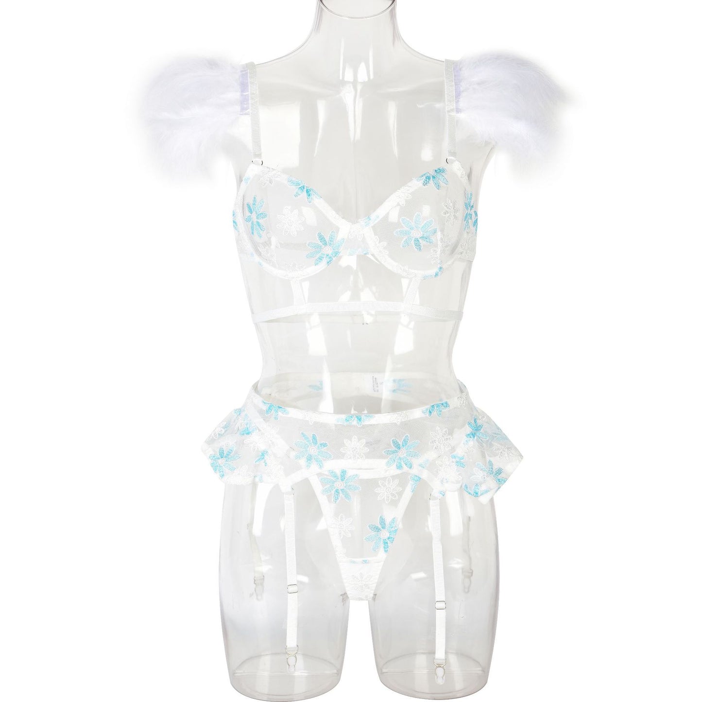 Heaven Sent Embroidered Lingerie Set – Floral Mesh Garter Fantasy