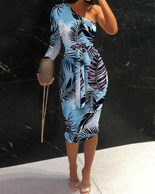 One-Shoulder Ruched Bodycon Midi Dress – Belted Waist | Printed, Gradient, and Solid Styles