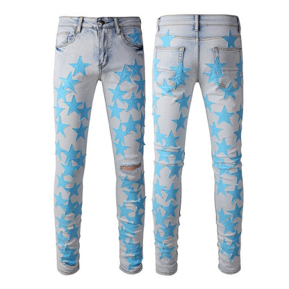 Men's Ripped Light Blue Slim-Fit Street Style Jeans – Mid Waist Stretch Denim