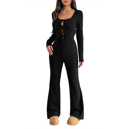 Hot Girl Lace-Up Slim Fit Black Jumpsuit – Long Sleeve Clubwear Outfit