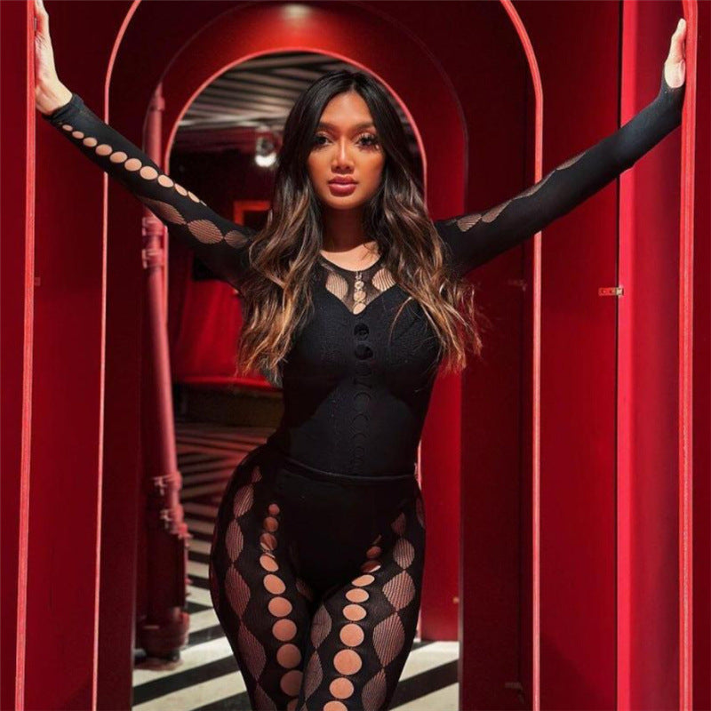 Women's Fashion Casual Openwork Knit Jumpsuit – Long Sleeve Bodycon Set