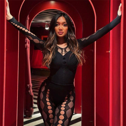 Women's Fashion Casual Openwork Knit Jumpsuit – Long Sleeve Bodycon Set