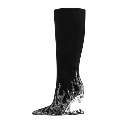 Women's Rhinestone Flame Stiletto Boots with Sculpted Tiger Tooth Heel