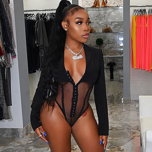 Mesh V-Neck Long Sleeve Bodysuit – Sheer Stitching Light Luxury Fit