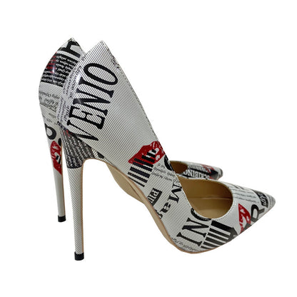 🔥 Bold Graffiti Print Pointed-Toe Stiletto Heels – Super High Heels in 8CM / 10CM / 12CM + Flat Option