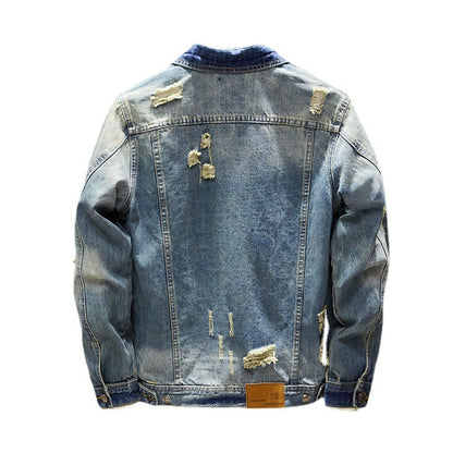 Nostalgic Ripped Slim-Fit Distressed Denim Jacket for Men – Casual Vintage Streetwear