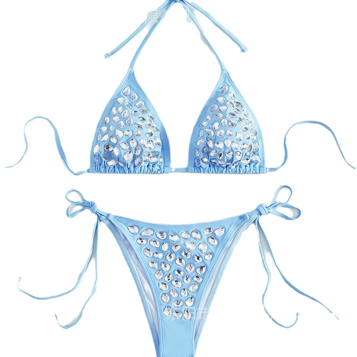 👙 Sky Blue Diamond Bikini Set – Sexy Backless High Elasticity Swimsuit