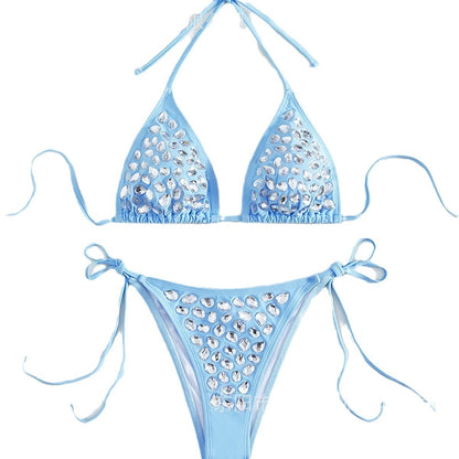 👙 Sky Blue Diamond Bikini Set – Sexy Backless High Elasticity Swimsuit