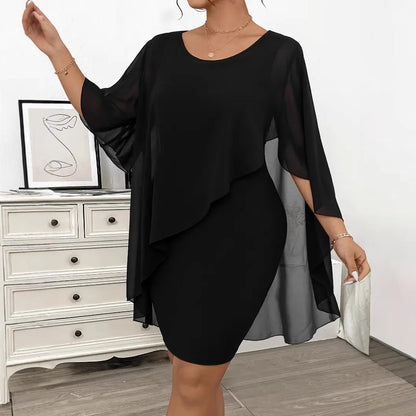 Elegant Plus Size Asymmetrical Chiffon Overlay Shawl Dress – Black