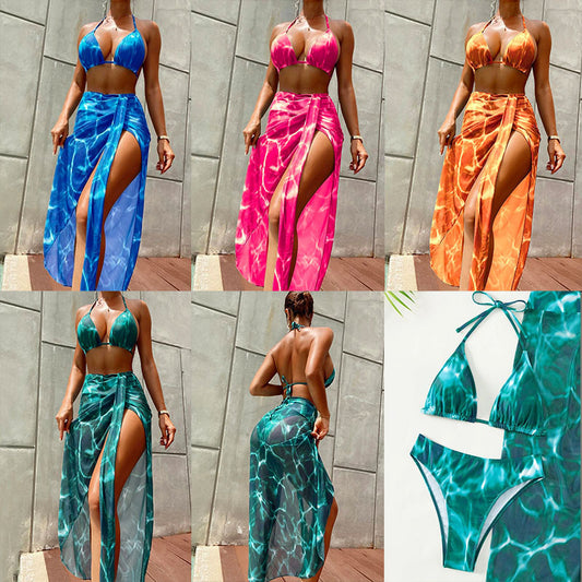 Wave Illusion Three-Piece Bikini Set with High-Slit Cover-Up Skirt – Multiple Colors