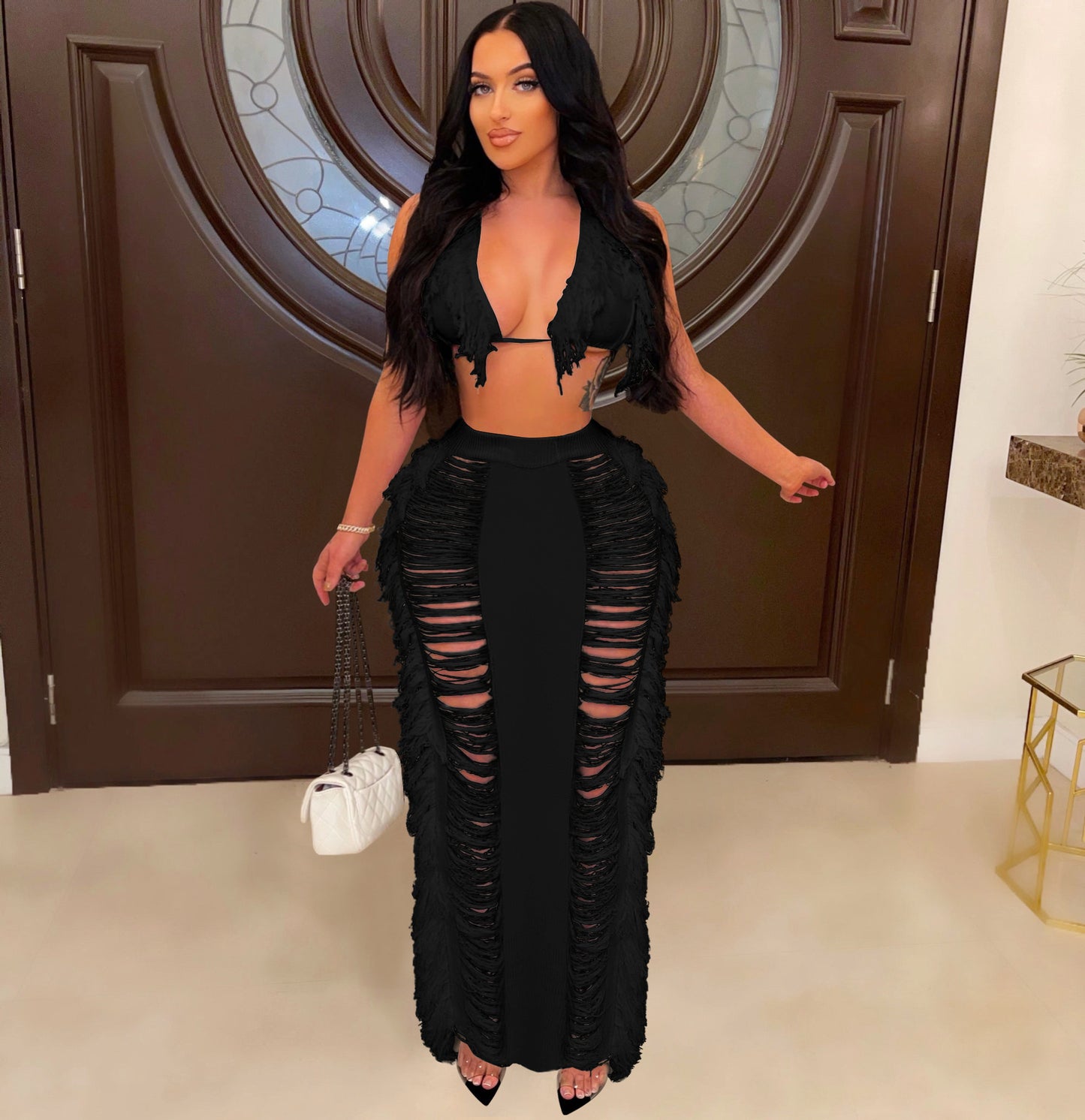 🏖️ Coastal Breeze Tassel Knit Cover-Up Set – Sleeveless Crop Top & Long Beach Skirt