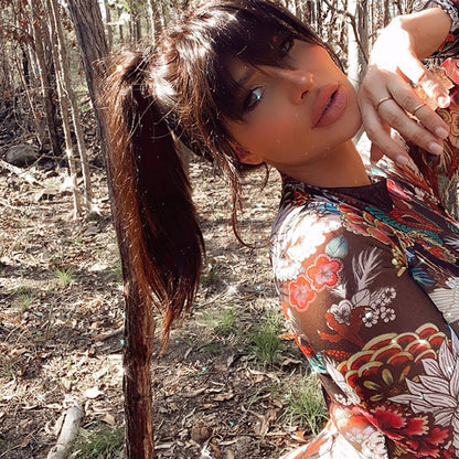 Floral Fantasy Mesh Long Sleeve Romper – Brown Oriental Print Bodysuit