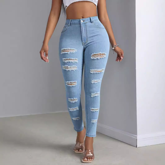Women's Distressed Light Wash Skinny Jeans – Mid Waist Denim