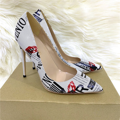 🔥 Bold Graffiti Print Pointed-Toe Stiletto Heels – Super High Heels in 8CM / 10CM / 12CM + Flat Option