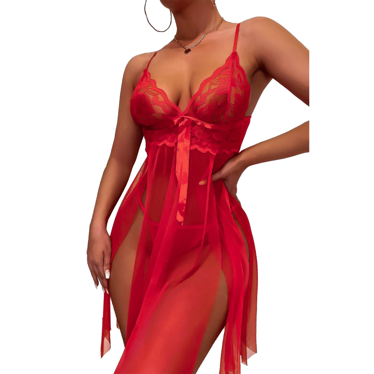 Sultry Scarlet Lace Mesh Babydoll Lingerie Set – Sheer Suspender Dress with Matching Panty