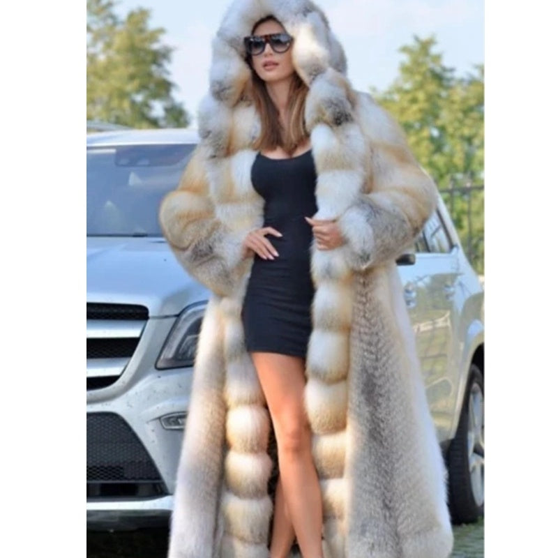 Luxury Hooded Mid-Length European Faux Fur Coat – White Winter Glam