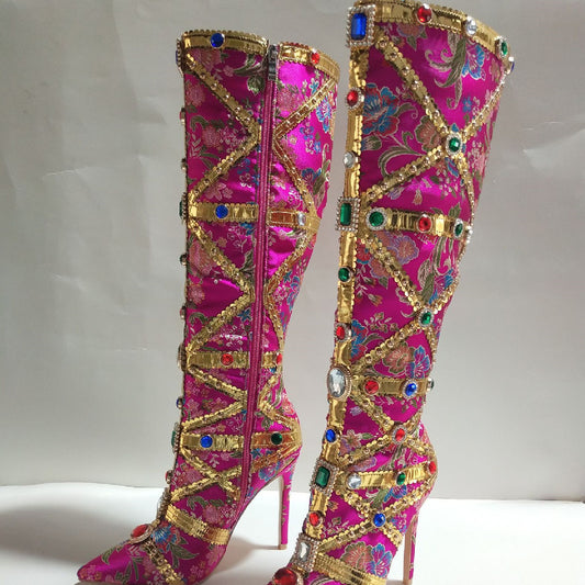 Regal Rhinestone Jewel-Caged Brocade Stiletto Boots – Rose Red Luxe Statement Heels