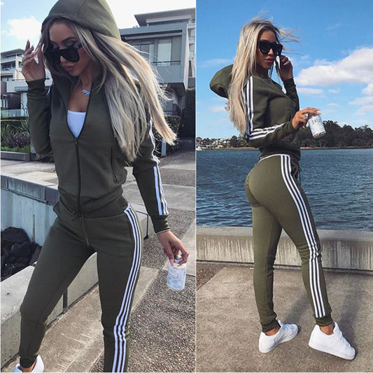 2-Piece Women's Olive Green Zip-Up Hoodie & Jogger Set – Sporty Casual Loungewear
