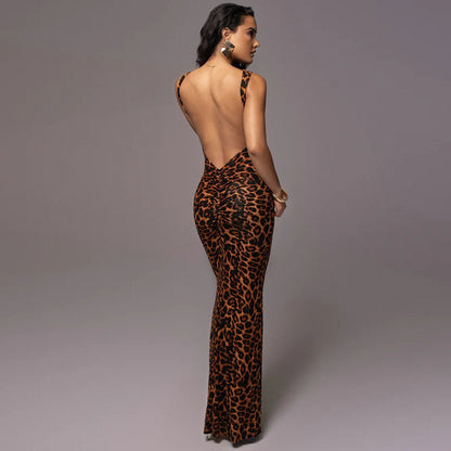 Leopard Print Sleeveless Backless Slim Fit Maxi Dress – European & American Fashion