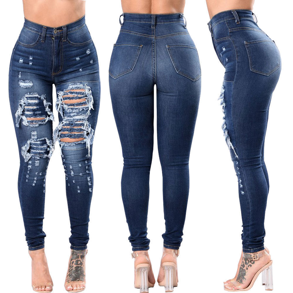 Women’s Ripped Washed Denim Skinny Jeans – Mid-Waist Stretch Fit in Black, Light Blue & Dark Blue