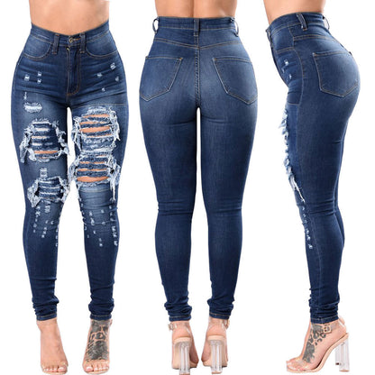 Women’s Ripped Washed Denim Skinny Jeans – Mid-Waist Stretch Fit in Black, Light Blue & Dark Blue