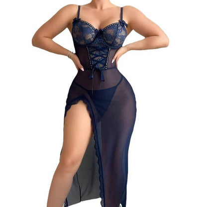 Sexy Lace Cutout Sheer Mesh Pajamas Jumpsuit Lingerie Set – Lace-Up Backless Sleepwear