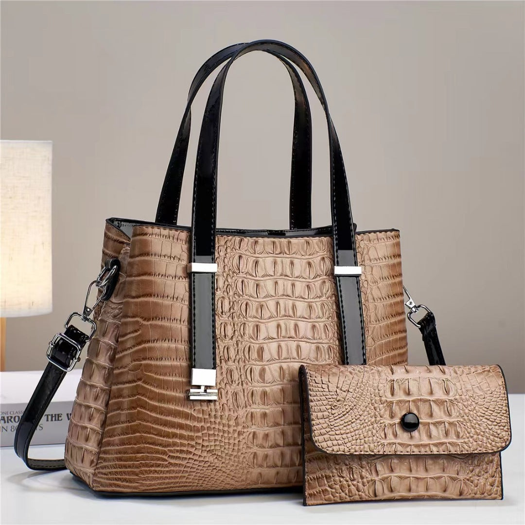 Women’s Crocodile Pattern Tote Bag Set – Large Capacity PU Leather Handbag with Matching Clutch