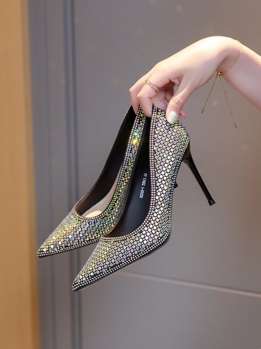 Women's Elegant Diamond-Encrusted Stiletto Heels – Pointed Toe Bridesmaid & Banquet Pumps