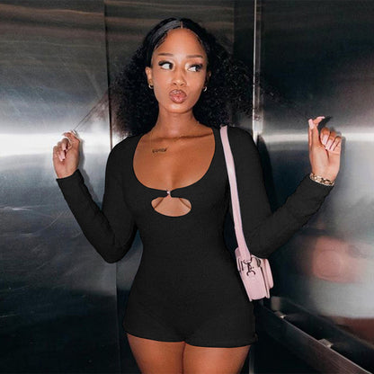 Keyhole Cutout Long Sleeve Slim Fit Romper – Cozy Knit One-Piece Loungewear