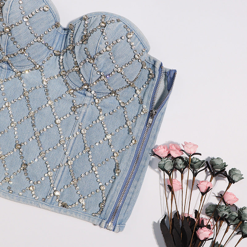 Slim Denim Grid Zipper Top – Off-Shoulder Lace-Up Crop for Women