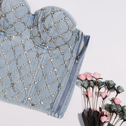 Slim Denim Grid Zipper Top – Off-Shoulder Lace-Up Crop for Women